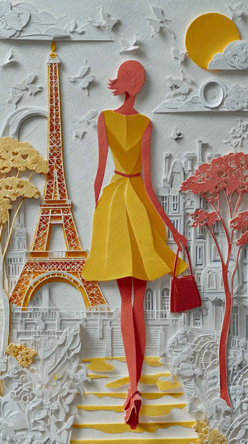 Stylish woman in romantic Parisian paper cut city scene