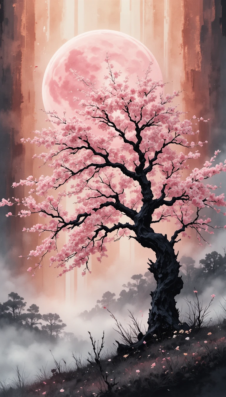Cerezo en flor en silueta frente a una luna rosa resplandeciente