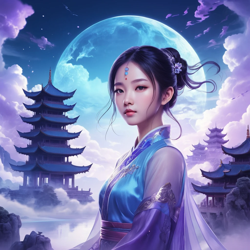 Chinese anime girl in mystical double exposure fantasy scene