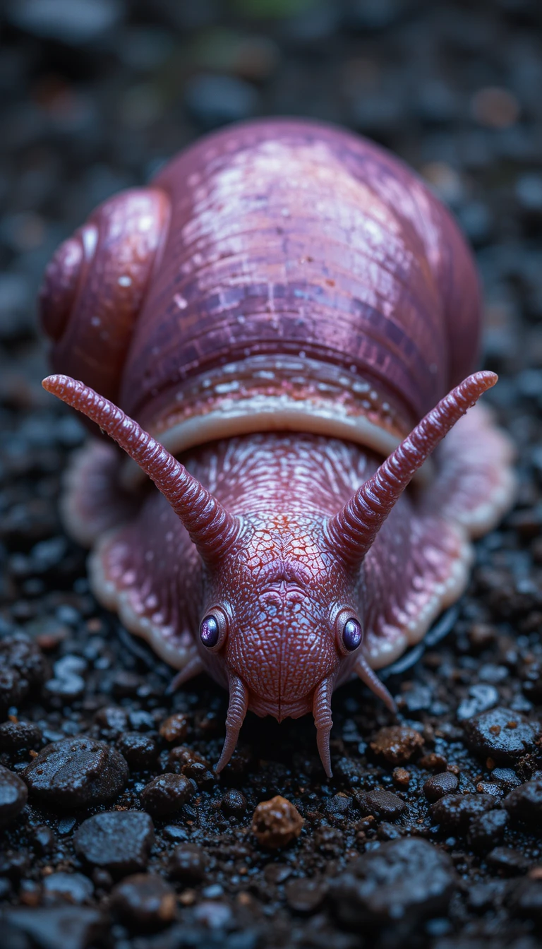 Caracol rosa metálico con grandes ojos morados sobre grava mojada