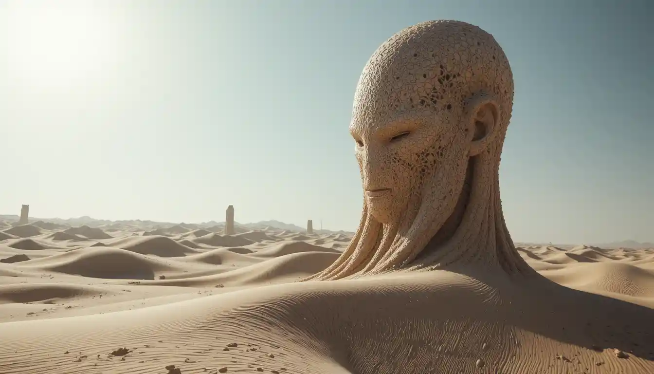 Scultura astratta che si innalza tra le morbide dune del deserto