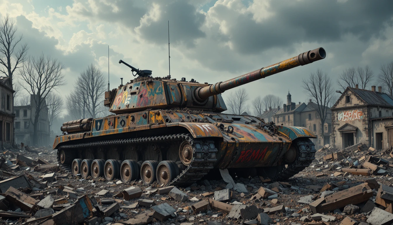 Tanque militar oxidado en ruinas devastadas de guerra urbana