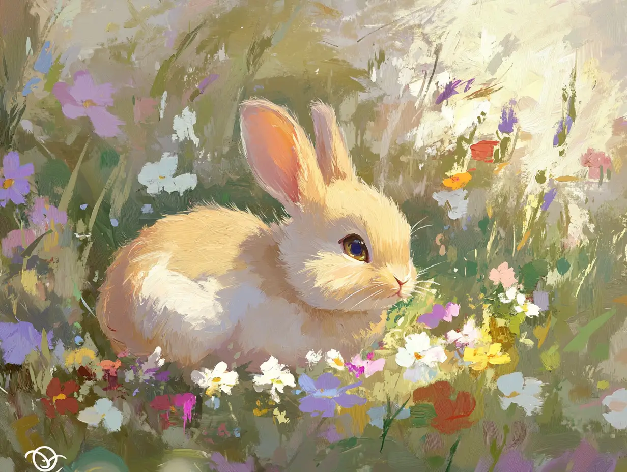 Baby rabbit resting among wildflowers in spring meadow