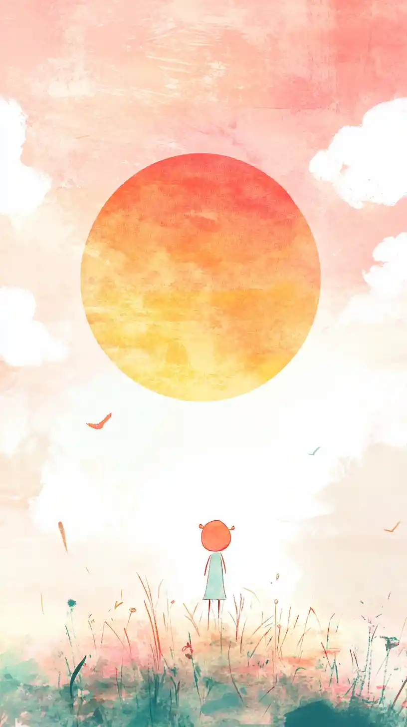 Child Watches The Rising Sun In Soft Pastel Illustration