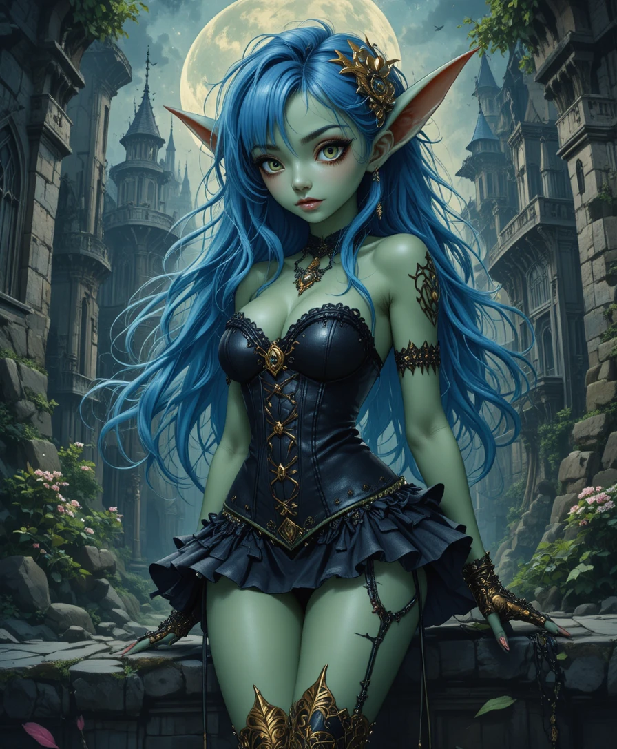 Chica goblin con corsé gótico ante un castillo de fantasía oscura