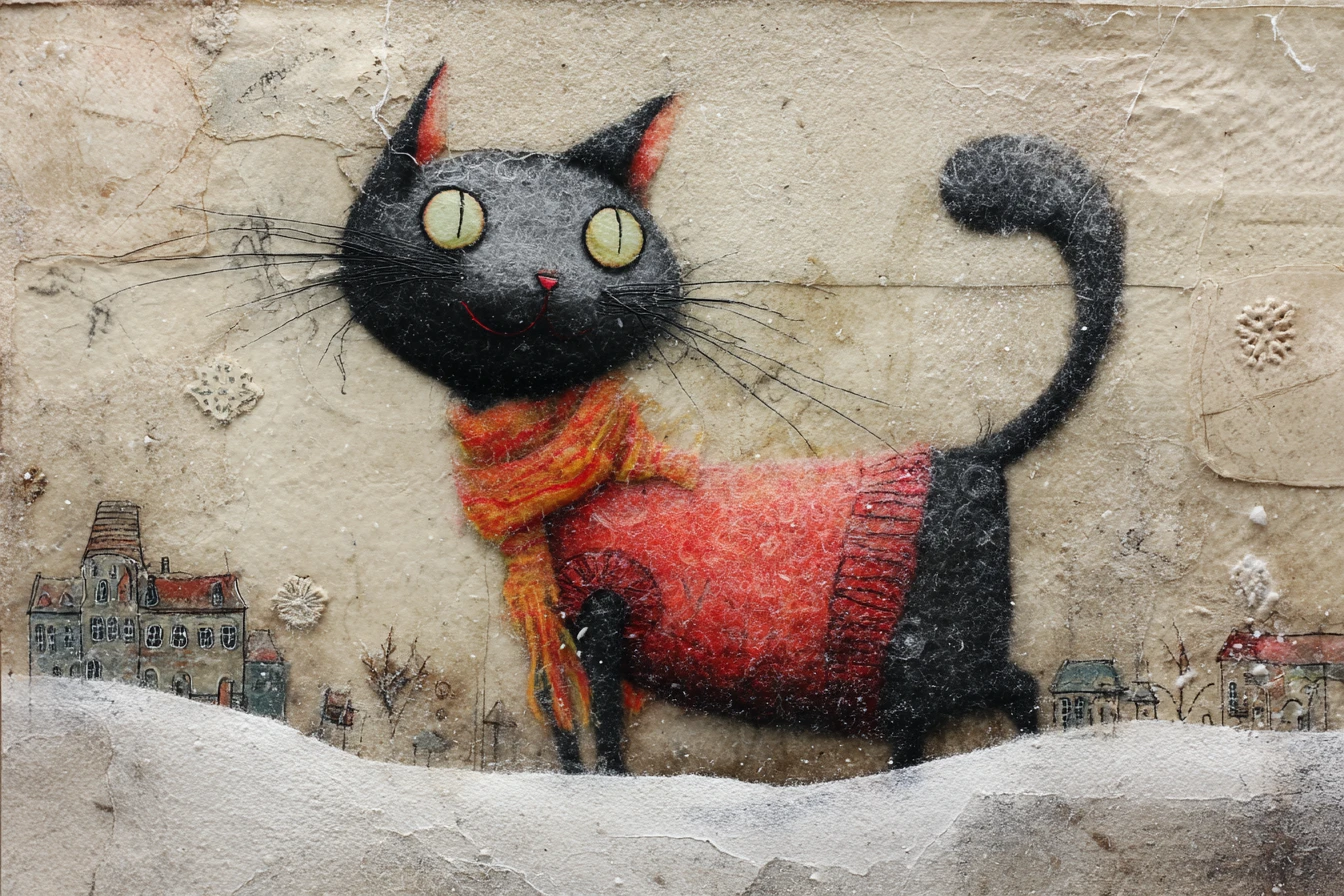 Cat sliding downhill in a giant wool sock collage