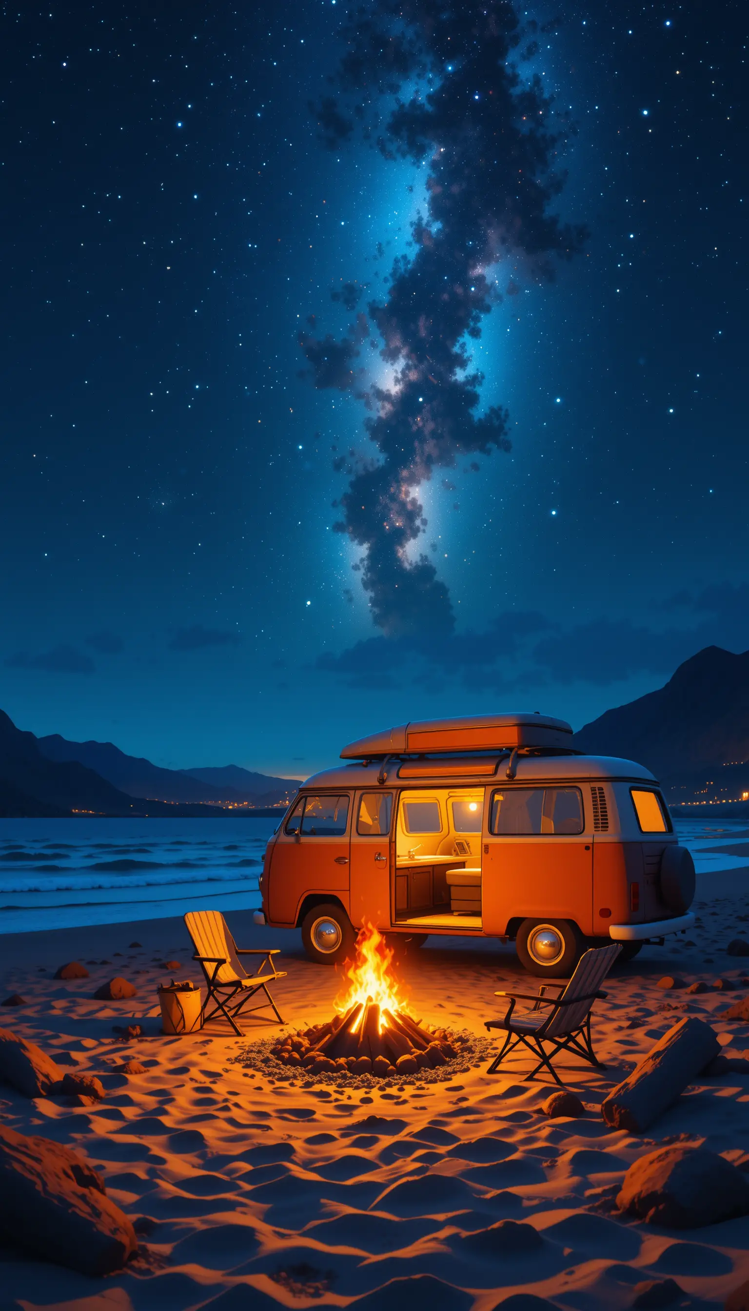 Feu de camp nocturne sur la plage à côté d’un van vintage orange