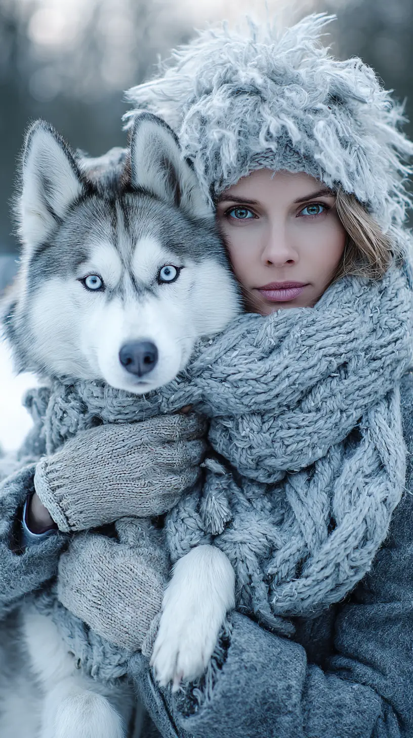 Elegant woman walking her husky on a cold winter morning