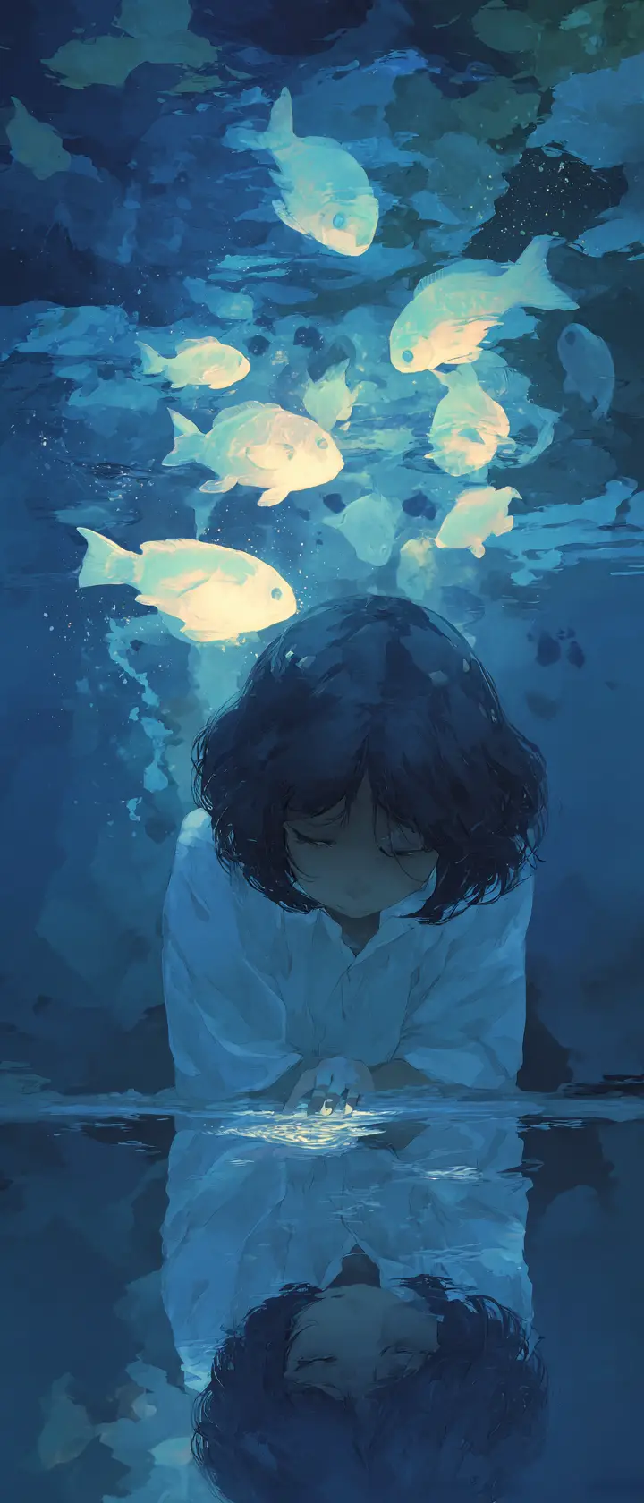 Diving figure entering a dreamlike underwater inner world