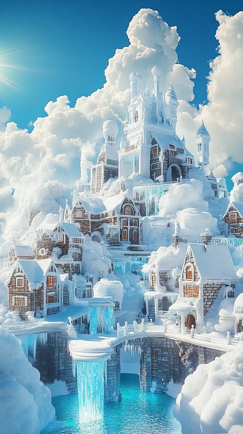 Fantasy snow and ice town under a cloudy blue sky