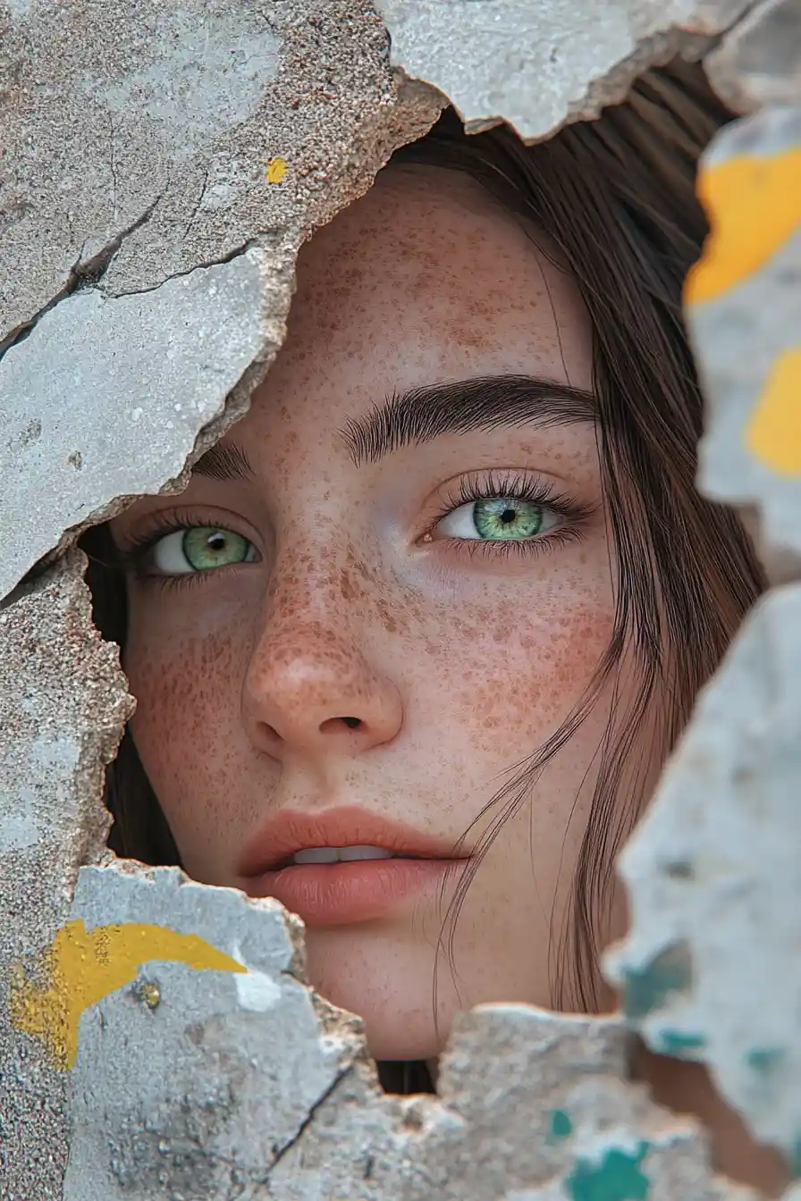 Playful anime woman with heterochromia in glitch art collage
