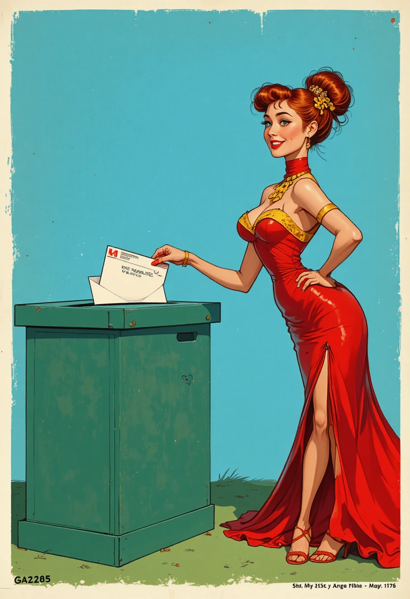 Pin-up dai capelli rossi giocosa che spedisce una lettera all’aperto