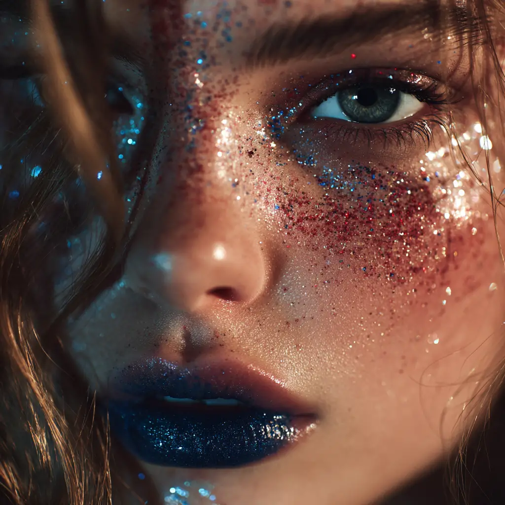 Dreamy glitter close up portrait of a blue haired girl