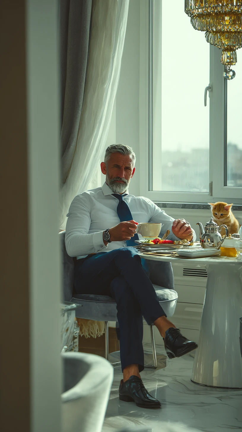 Airline pilot having breakfast with playful kitten in kitchen