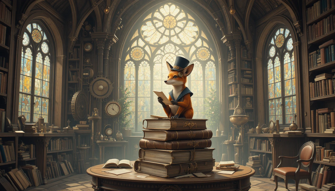 Verspielte Steampunk‑Bibliothek mit Fuchs, der einen Liebesbrief liest
