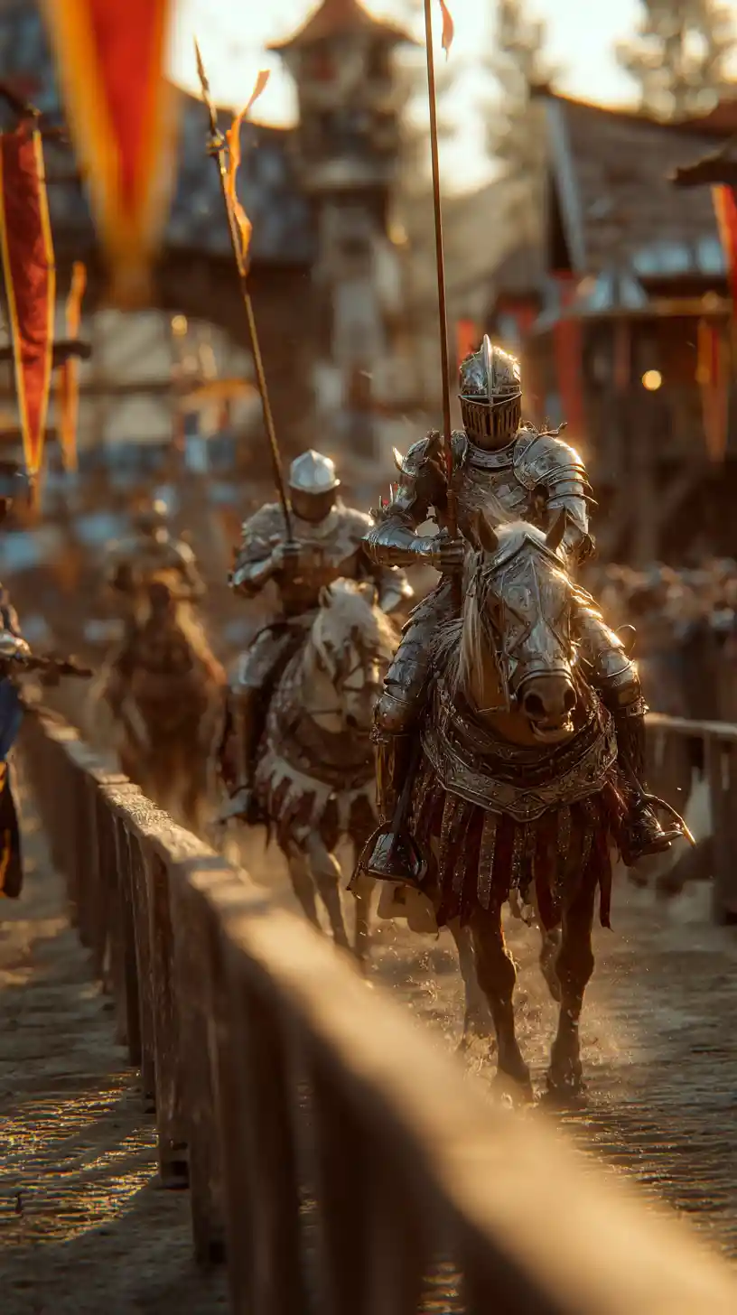 Medieval knights jousting in a cinematic tournament arena