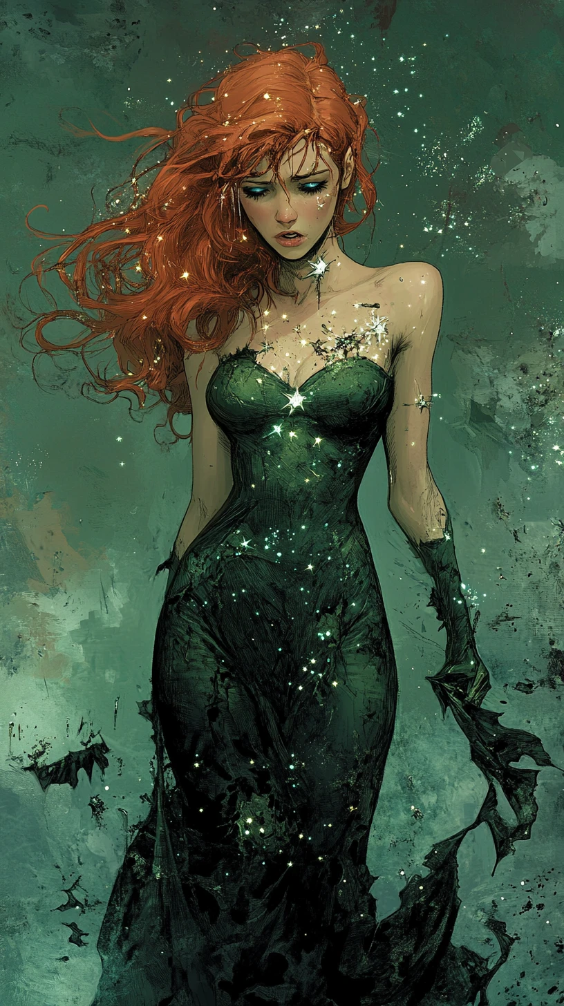 Weary heroine in tattered gown in a desolate wasteland