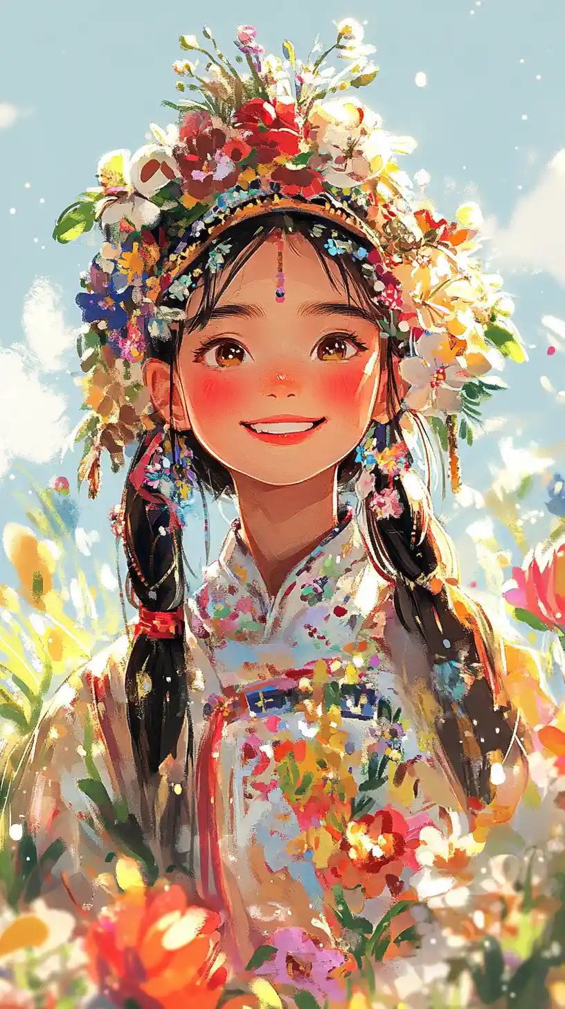 Femme souriante en tenue traditionnelle de poupée parmi les fleurs