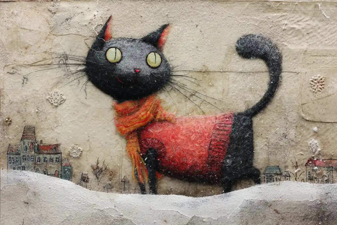 Cat sliding downhill in a giant wool sock collage
