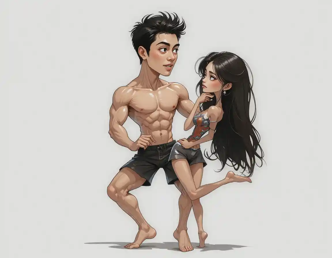 Minimal digital drawing of nude athletic asian couple