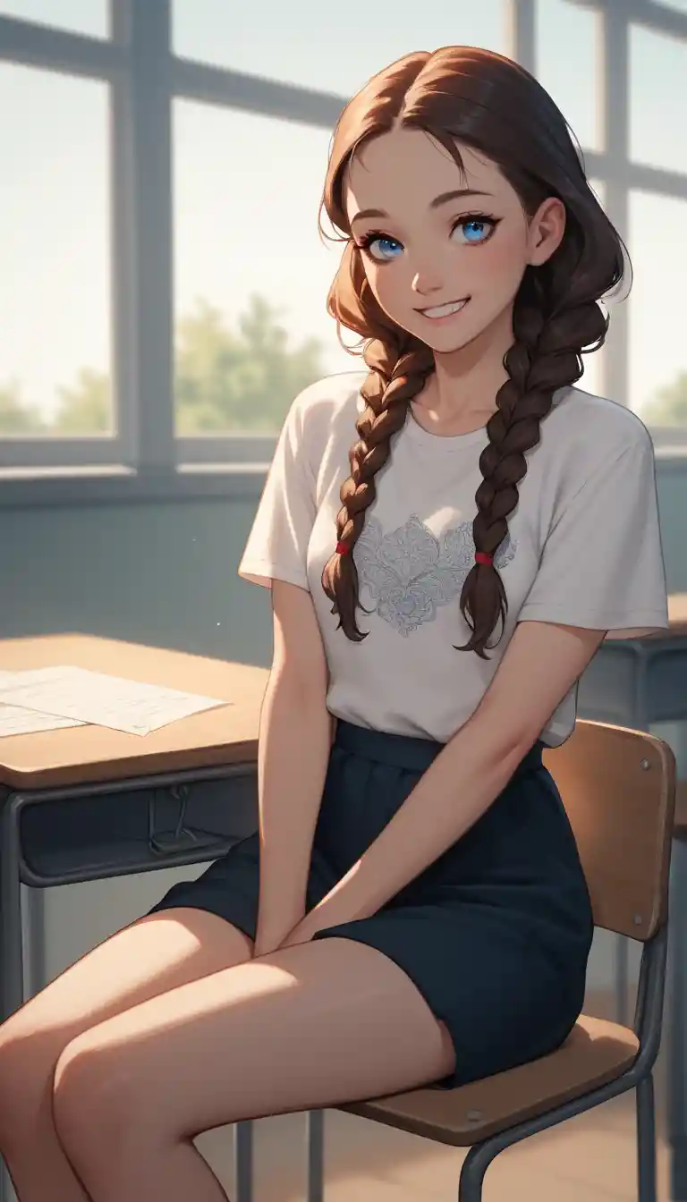 Smiling schoolgirl relaxing at her classroom desk