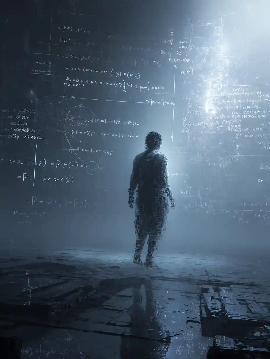 Solitary figure in abstract data filled cosmic void
