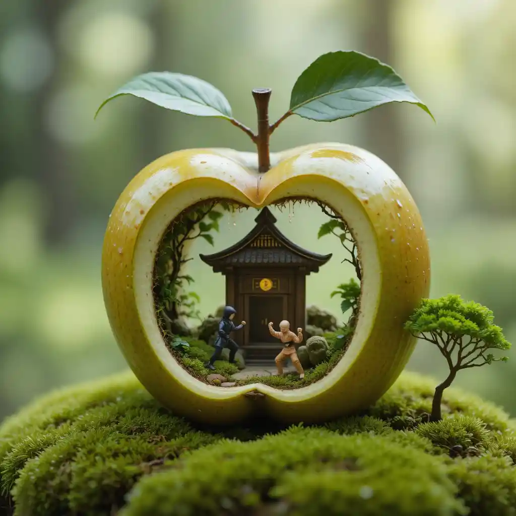 Pequenos guerreiros ninjas em um exuberante mundo de fantasia em miniatura dentro de uma maçã