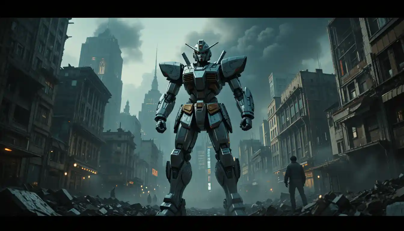 Gigantesco mecha in piedi tra le rovine di una città futuristica in guerra