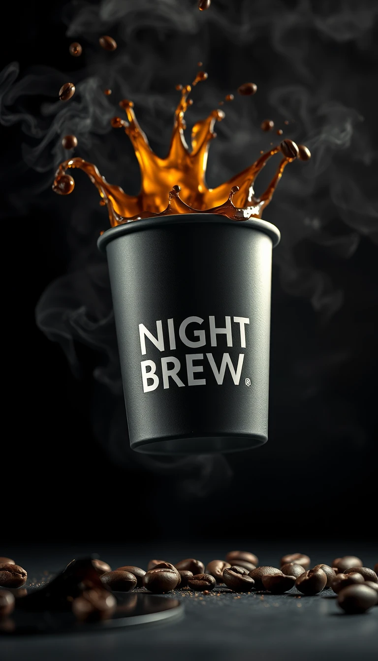 Taza de café negra levitando con un dramático splash