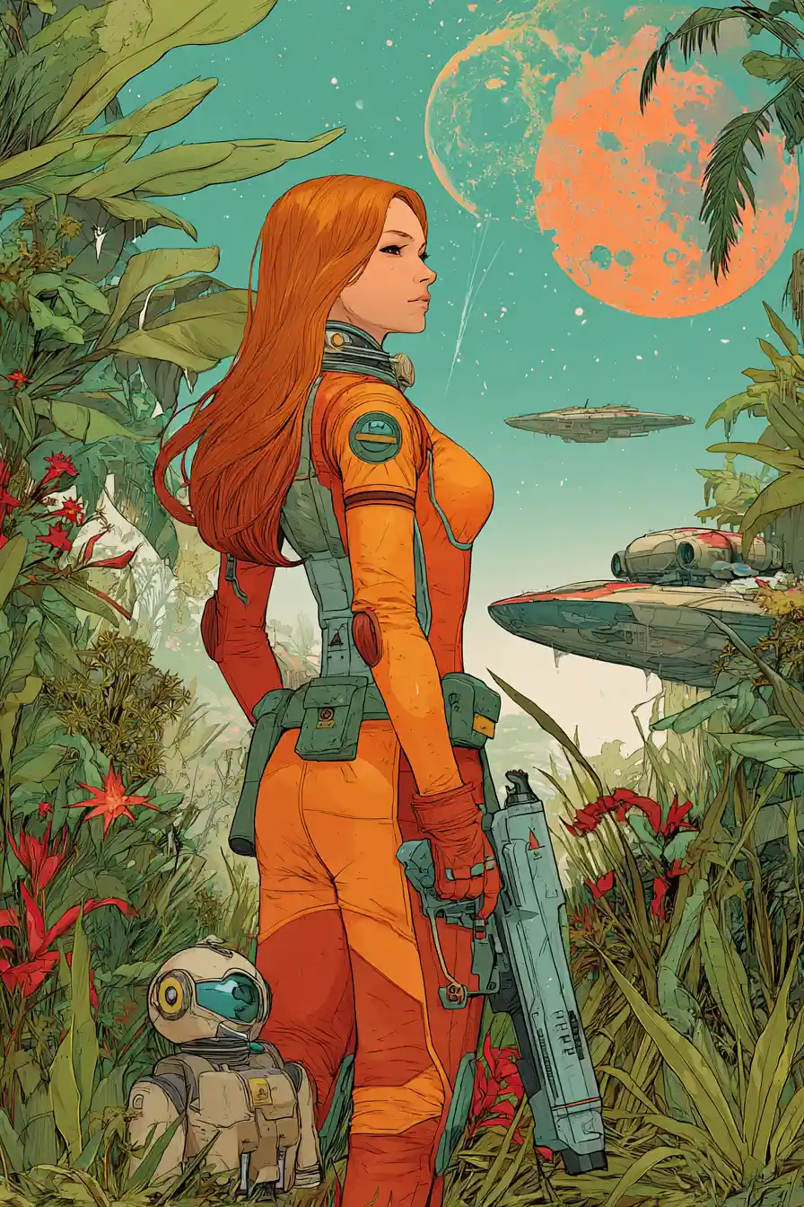 Futuristic space woman with ray gun in alien jungle