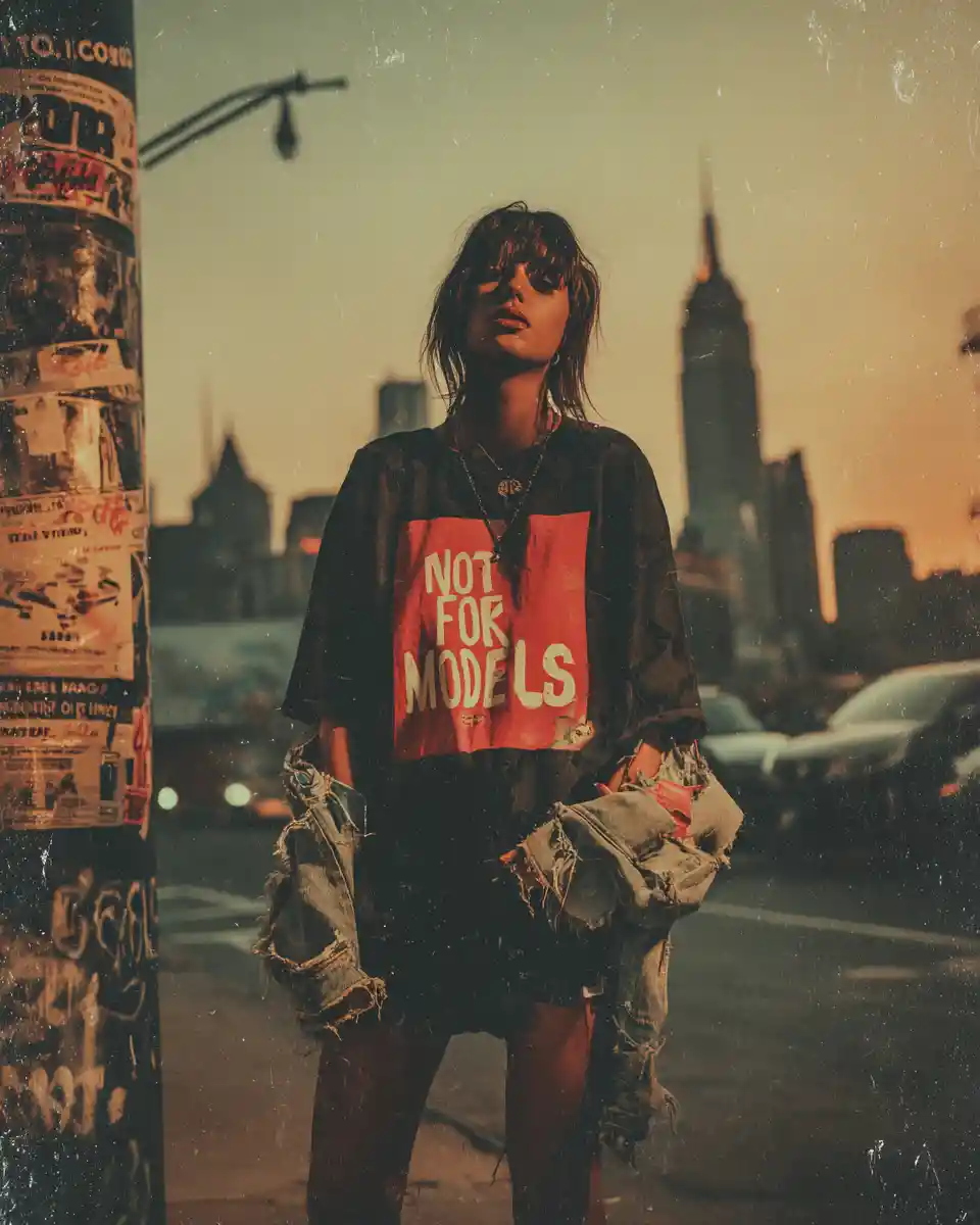 Young woman on gritty city street at warm dusk