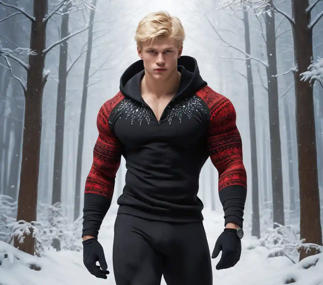 Ragazzo biondo che cammina con leggings in pile in una foresta invernale