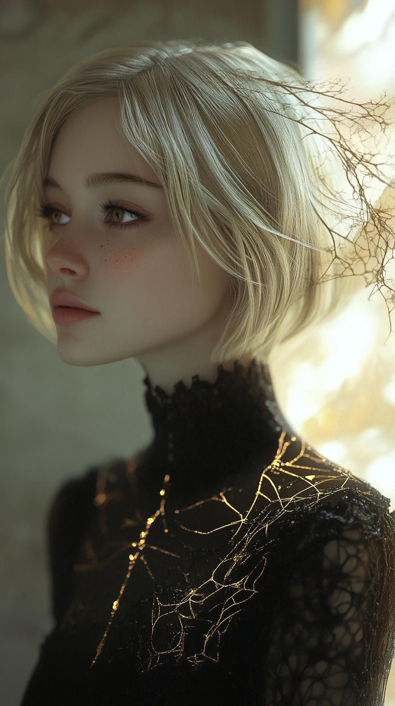 Serene anime girl portrait with silver bob and golden accents