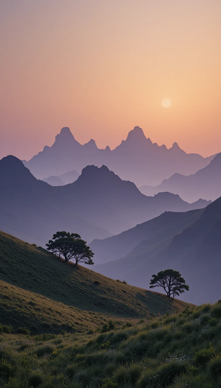 Paysage de montagne minimaliste avec ciel dégradé doux au lever du soleil