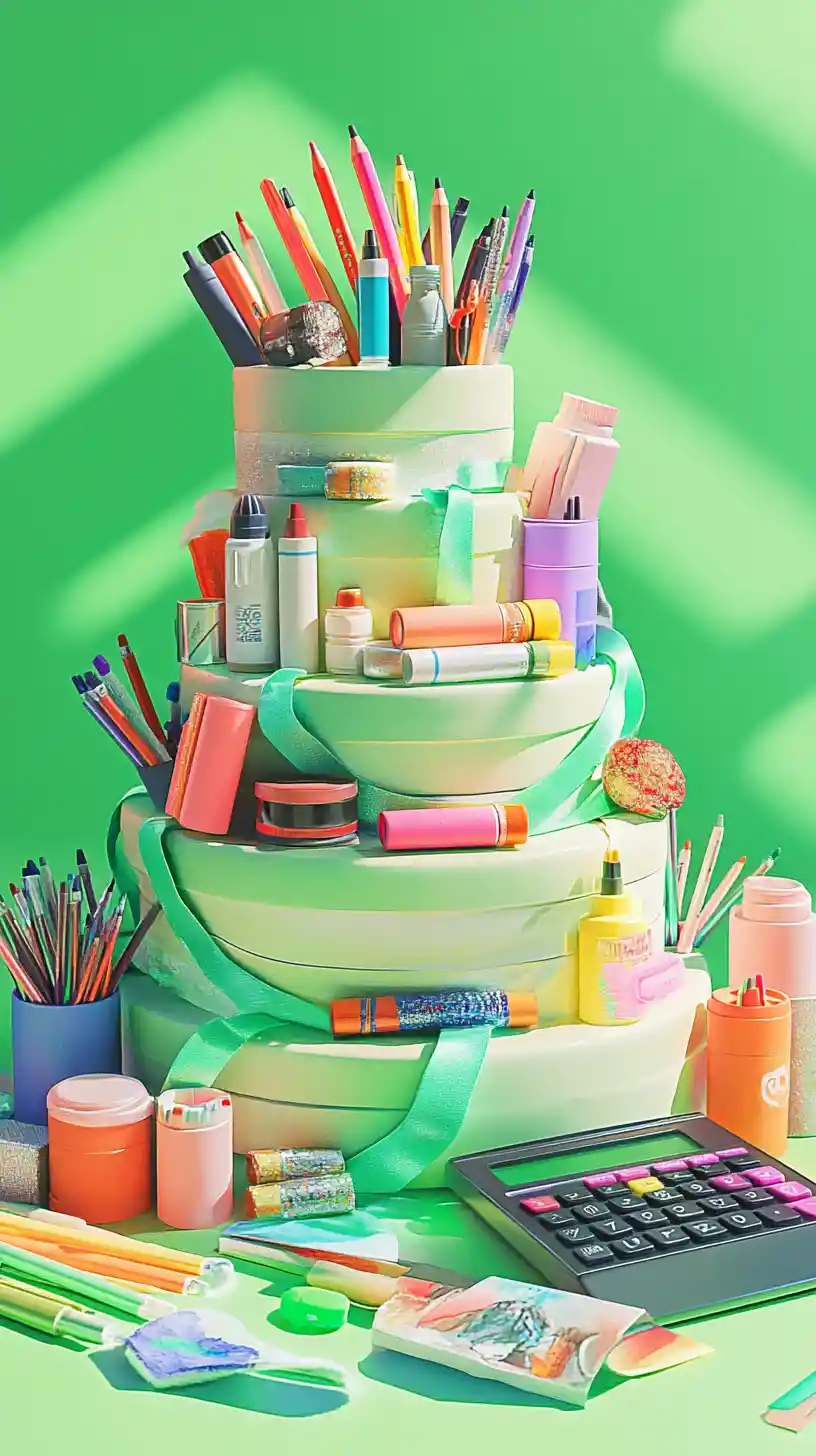Layered school supplies cake wrapped with green ribbons
