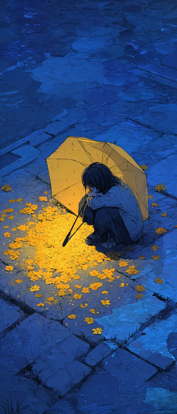 Figure curled on rainy street under single warm streetlamp