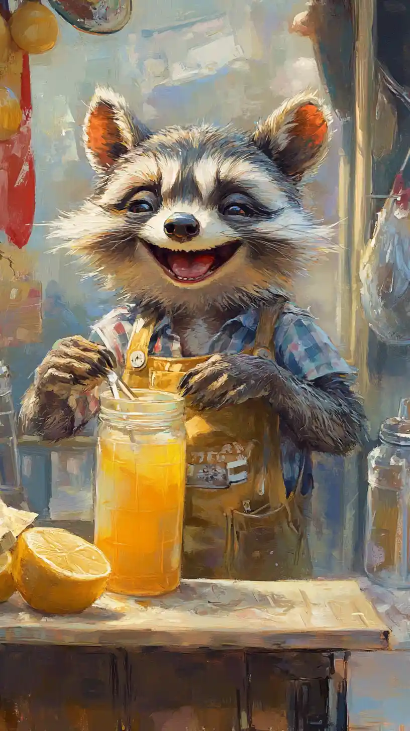 Happy raccoon smiling at a lemonade stand in New York