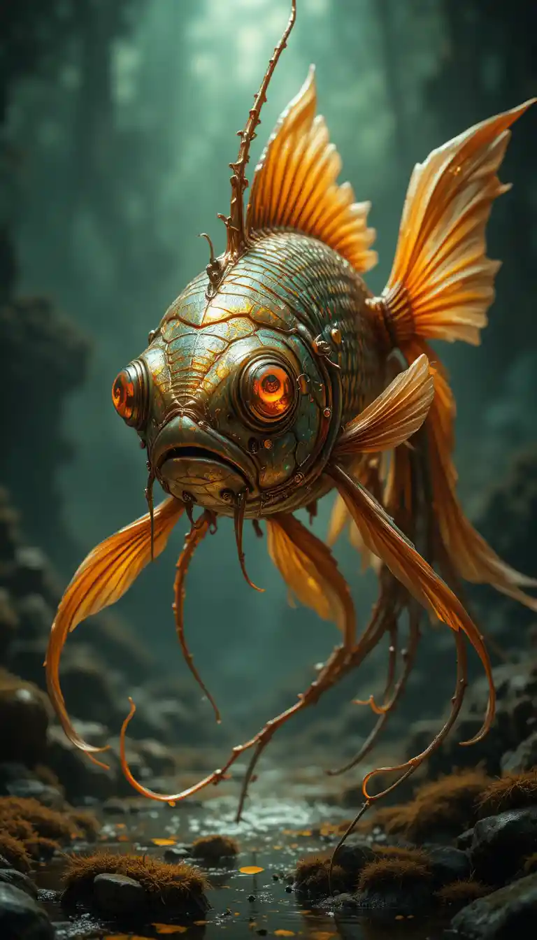 Surreal dark fantasy goldfish with glowing hypnotic eyes