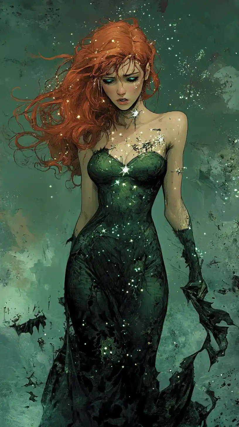 Weary heroine in tattered gown in a desolate wasteland