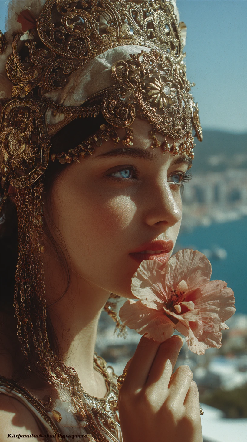Side profile of woman in Carthaginian headdress by the sea