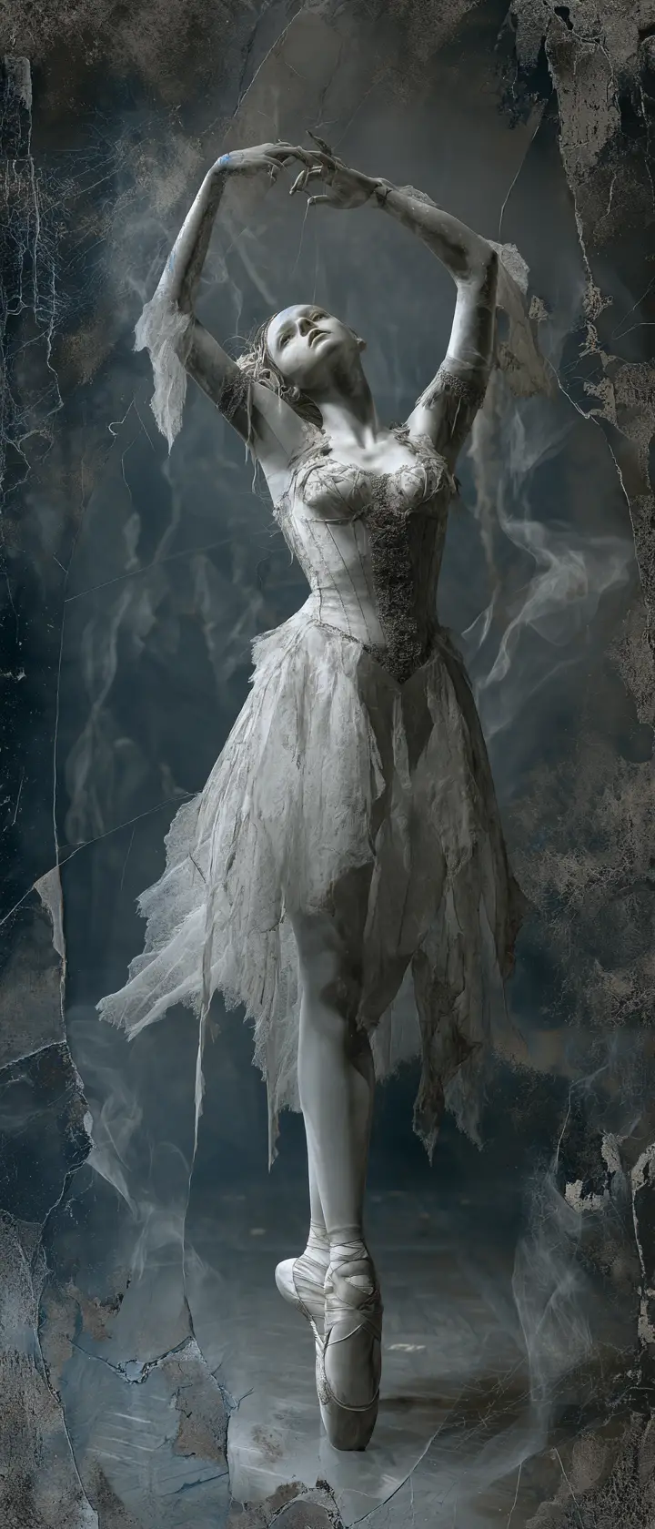 Ghostly ballroom dancers in a ruined obsidian hall