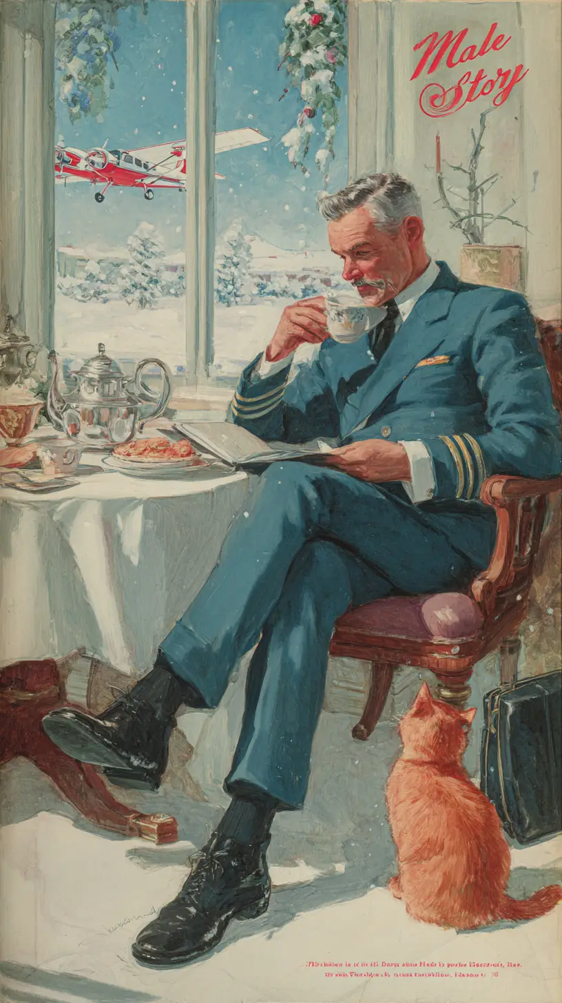 Airline pilot having breakfast with playful red kitten