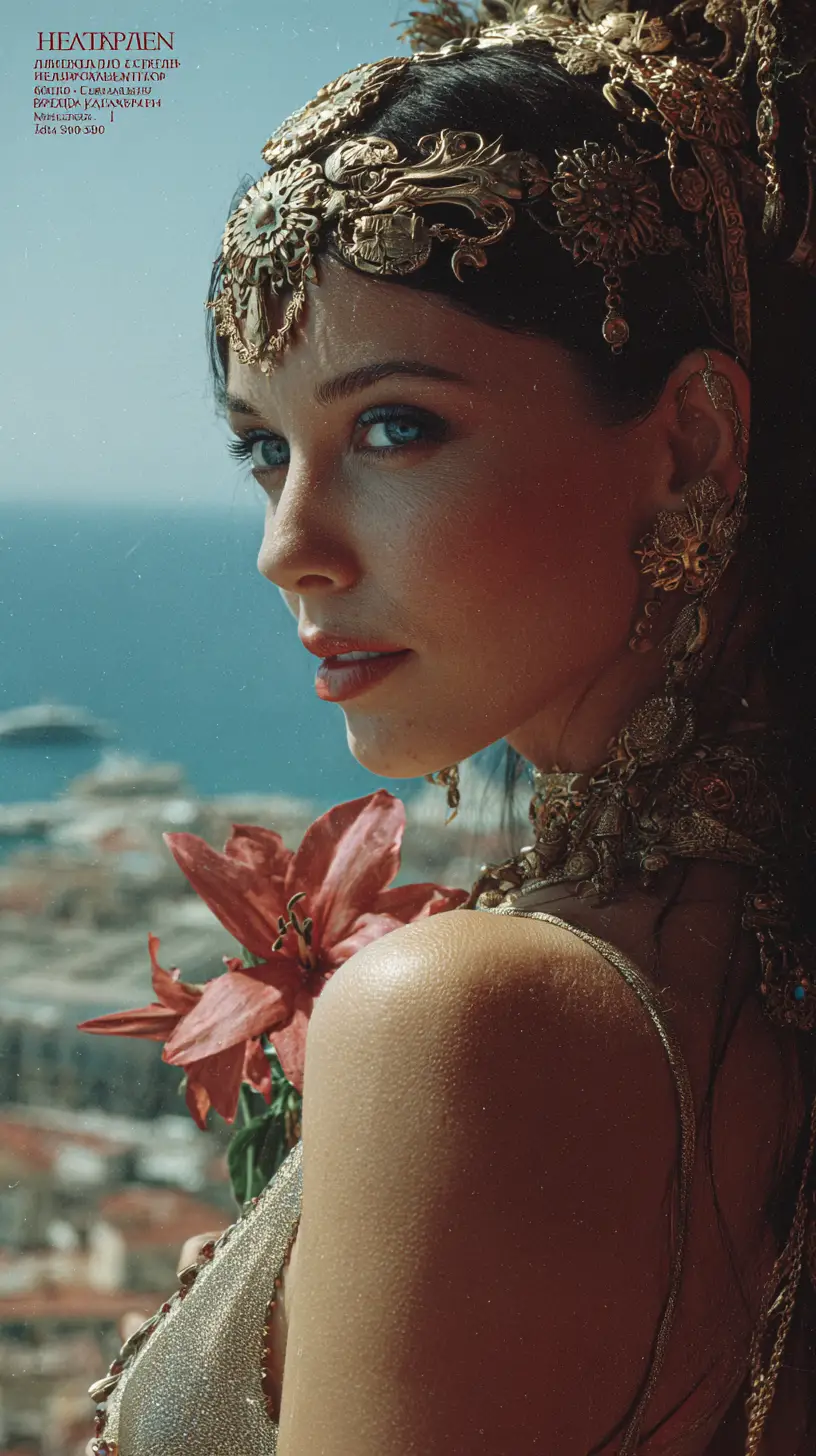 Mujer cartaginesa de perfil con flor junto al mar