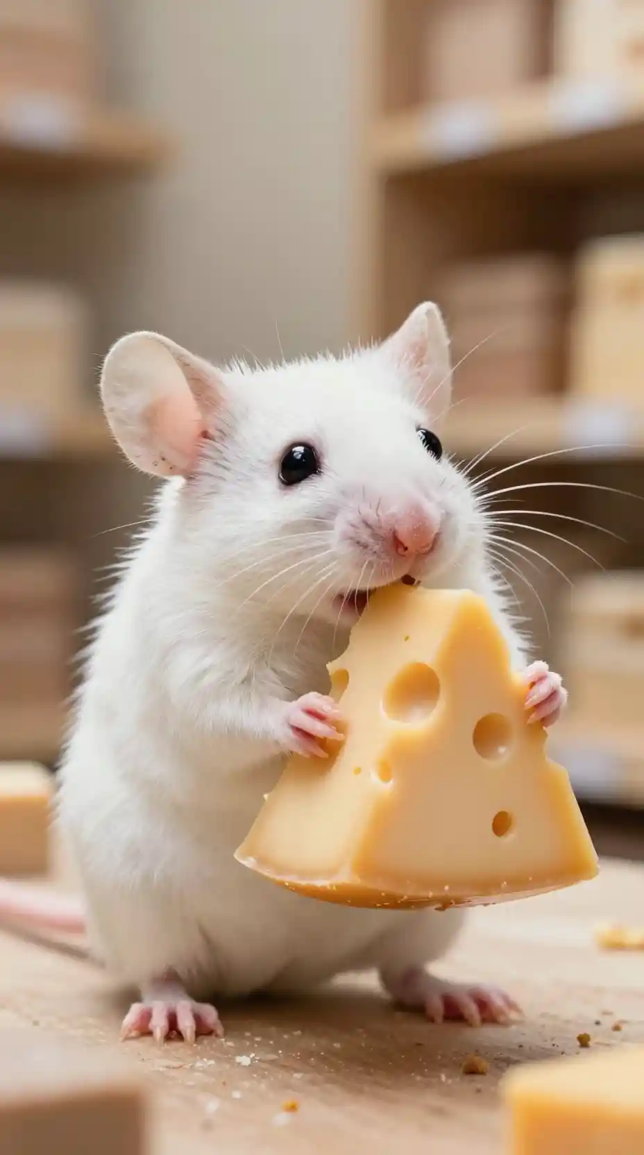 Tiny white mouse clutching a wedge of glowing cheese