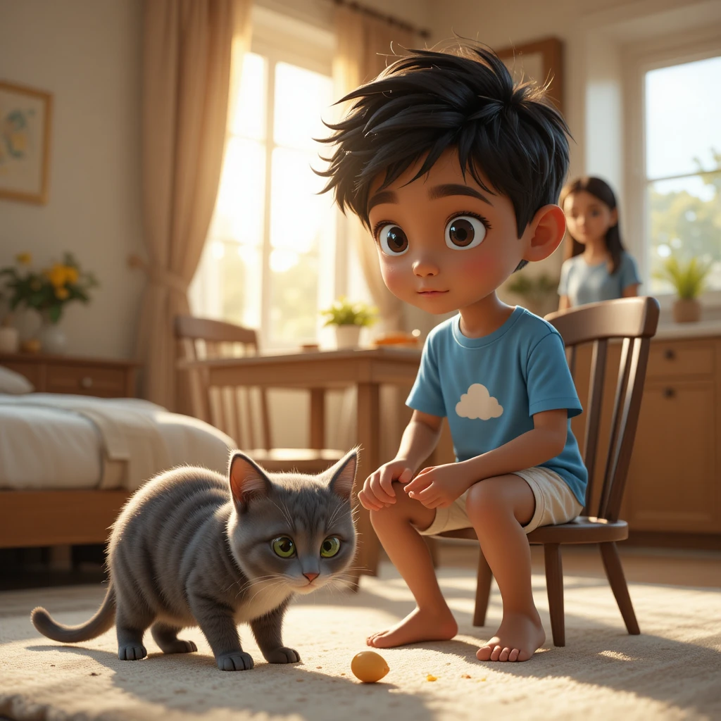 Niño pequeño compartiendo el desayuno con un gato en un hogar iluminado por el sol