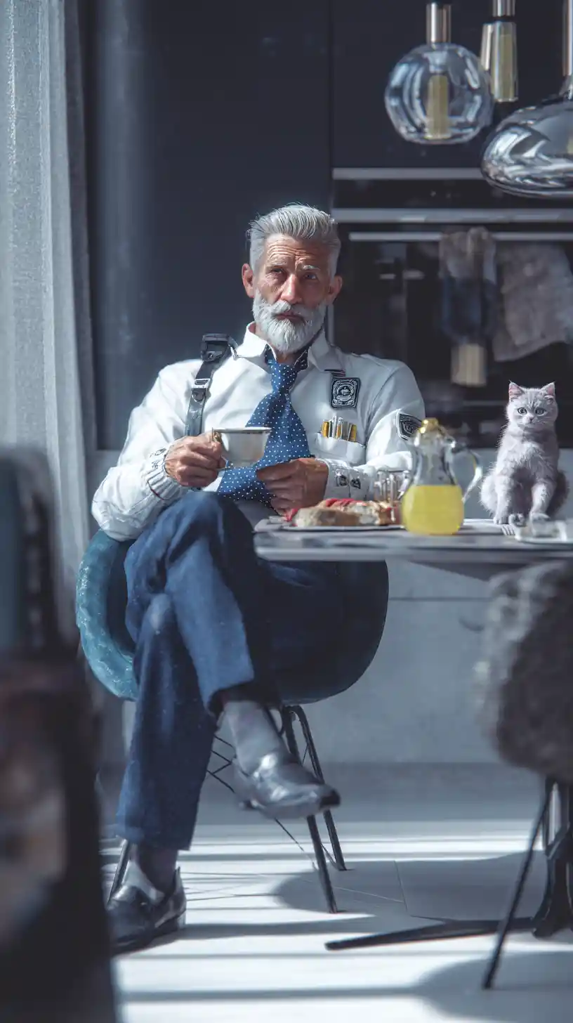 Airline pilot having breakfast in a bright modern kitchen