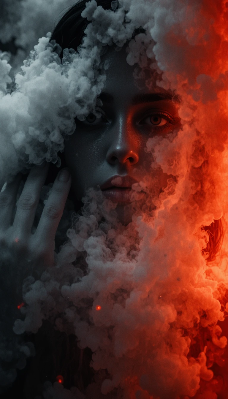 Warm lit face emerging from dense studio fog