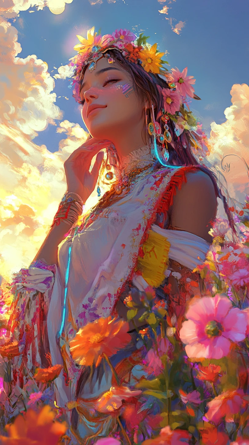 Smiling girl in traditional outfit among bright garden flowers