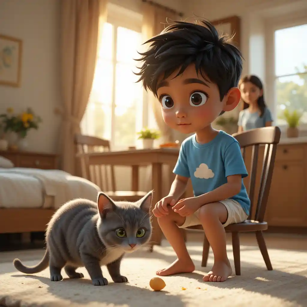 Niño pequeño compartiendo el desayuno con un gato en un hogar iluminado por el sol