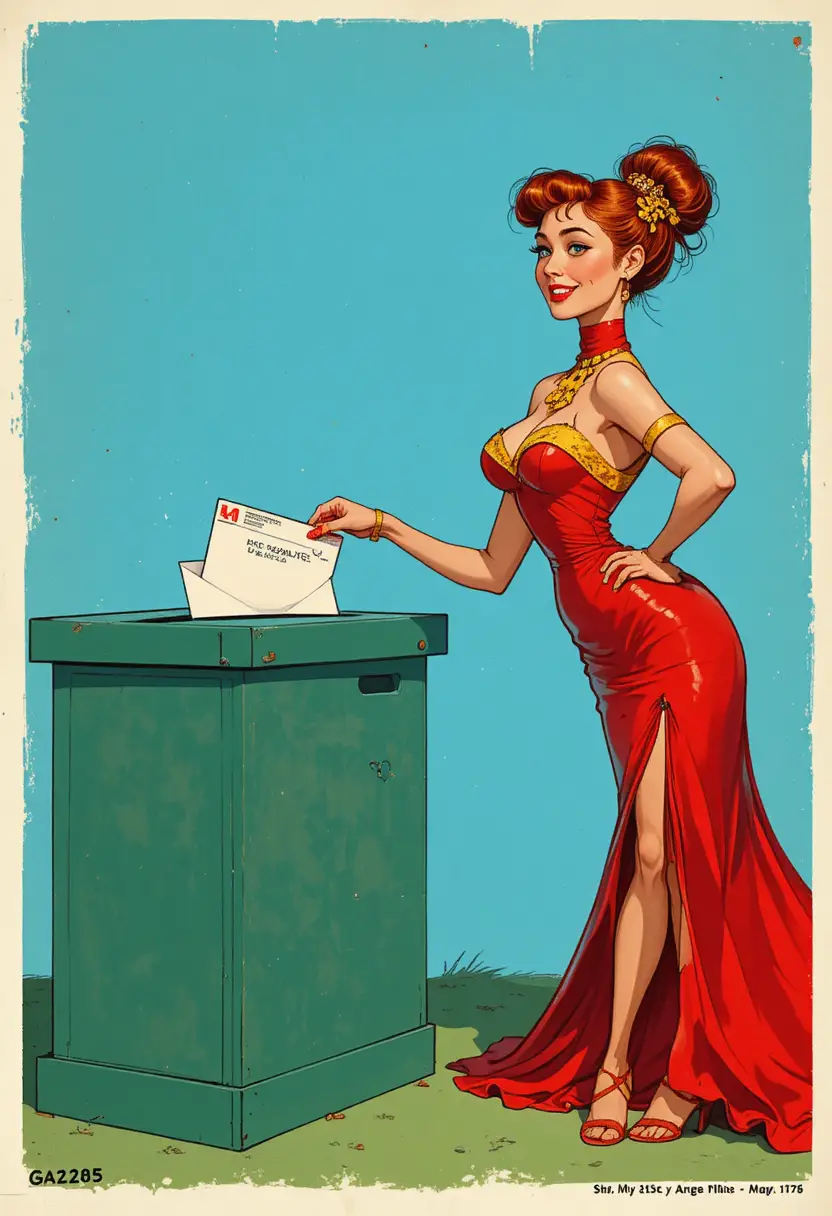 Playful redheaded pin up mailing a letter outdoors